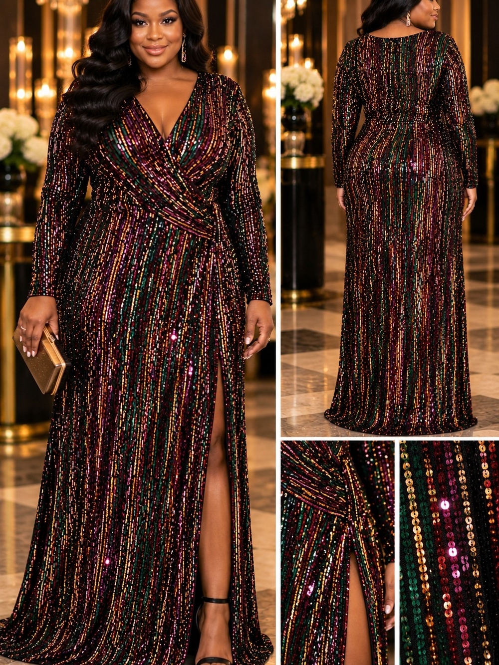Faeriesty 4XL Sequin Maxi Formal Dress Fits 20W Multicolor Long Sleeve Gown